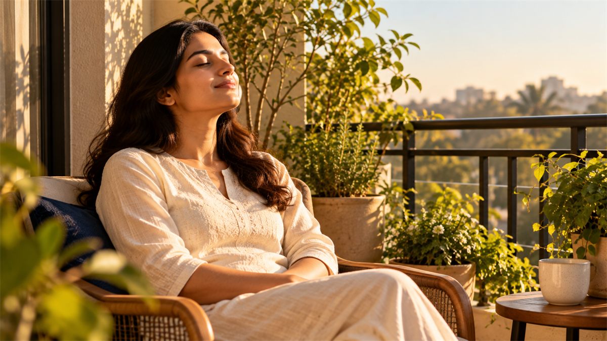 An Indian woman in a cream kurta sits on a balcony chair, eyes closed, face turned toward morning sun.