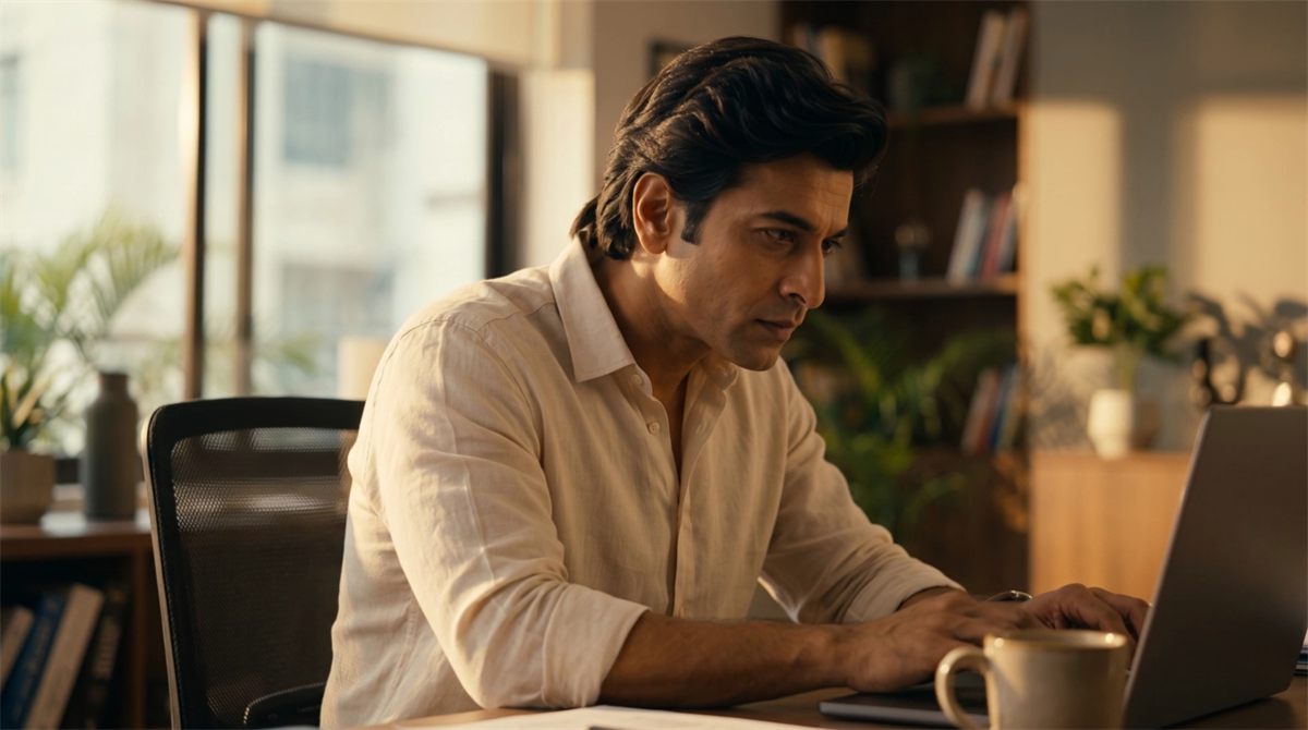 A man in a cream linen shirt types on a laptop at a sunlit desk beside a cream mug