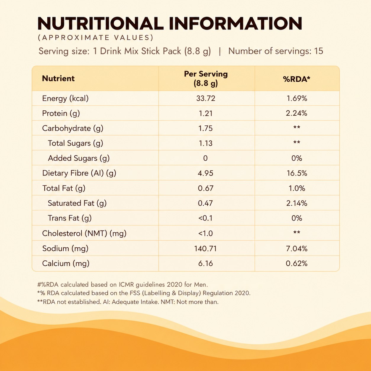 SILT Mornings nutritional information per 8.8 g drink mix stick pack