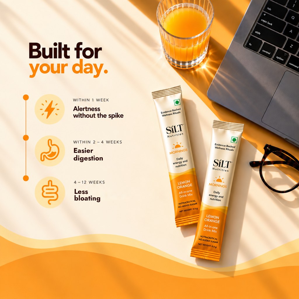 Built for your day: alertness without the spike in a week, easier digestion in 2 to 4 weeks, less bloating in 4 to 12