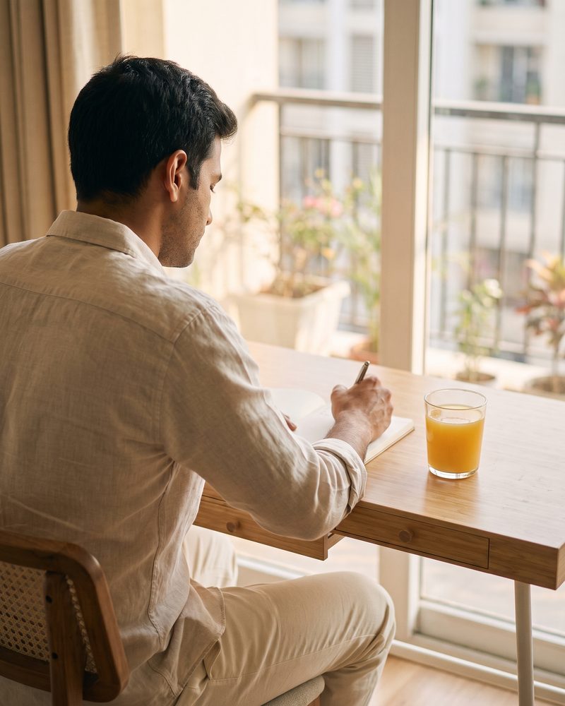 A man at a sunny desk writing in a notebook, a glass of SILT Mornings beside him