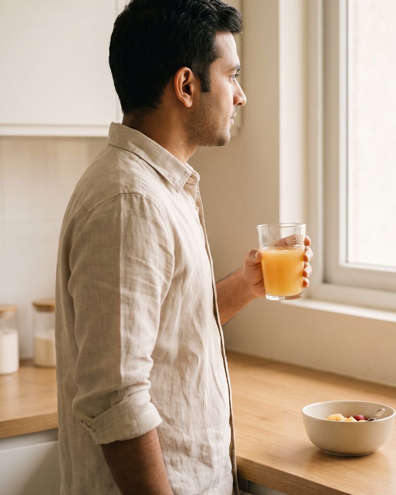 A man at a sunlit kitchen counter holding a glass of SILT Mornings