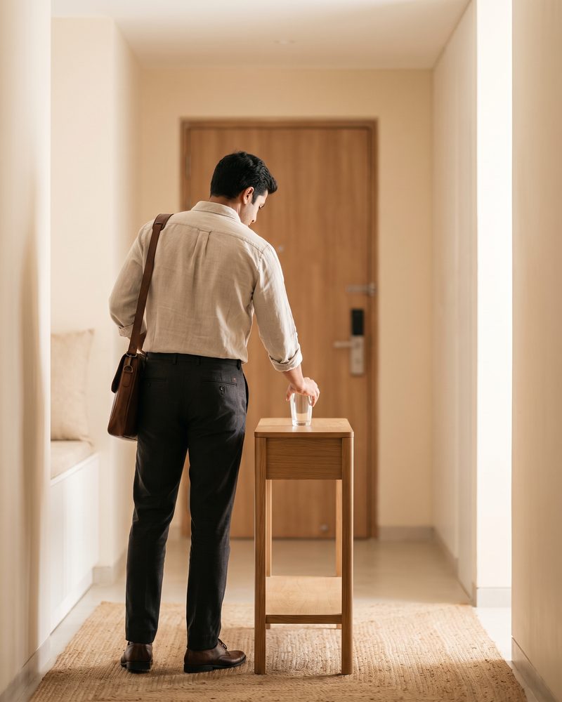 A man heading out of his front door in the morning, an empty glass on the hall table