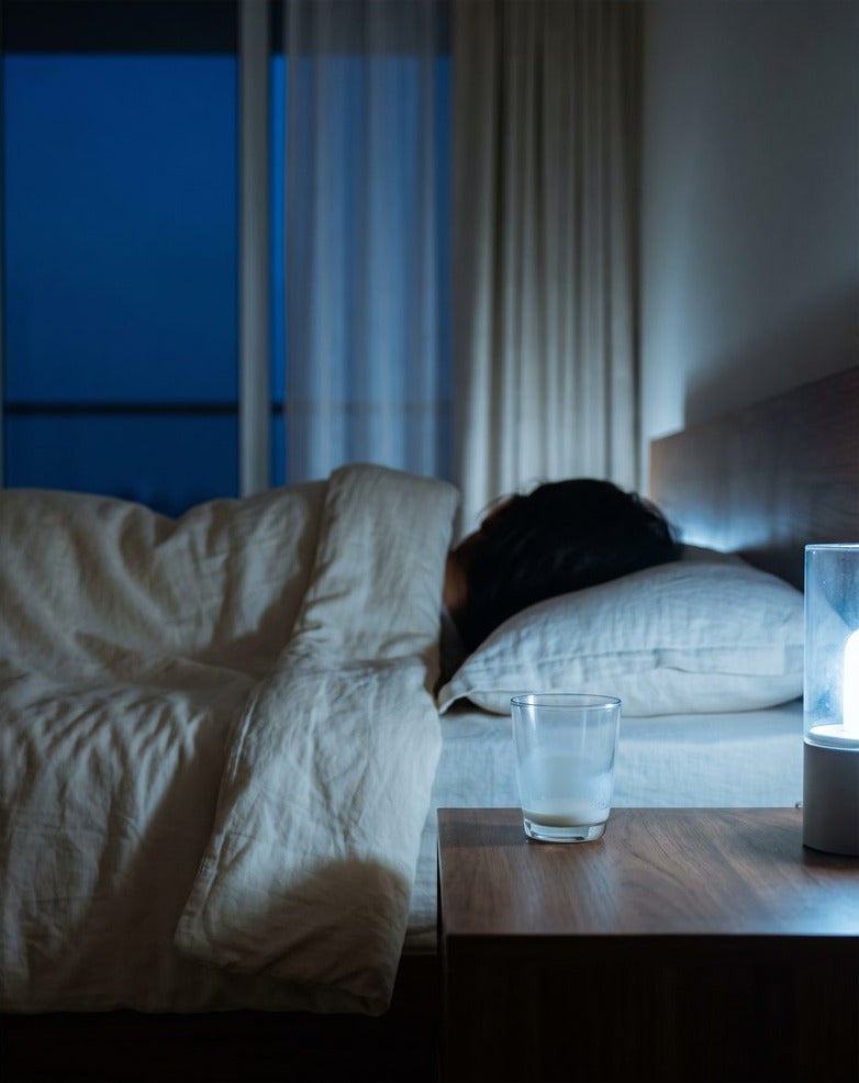 A person asleep in a dark blue bedroom, an empty glass on the bedside table