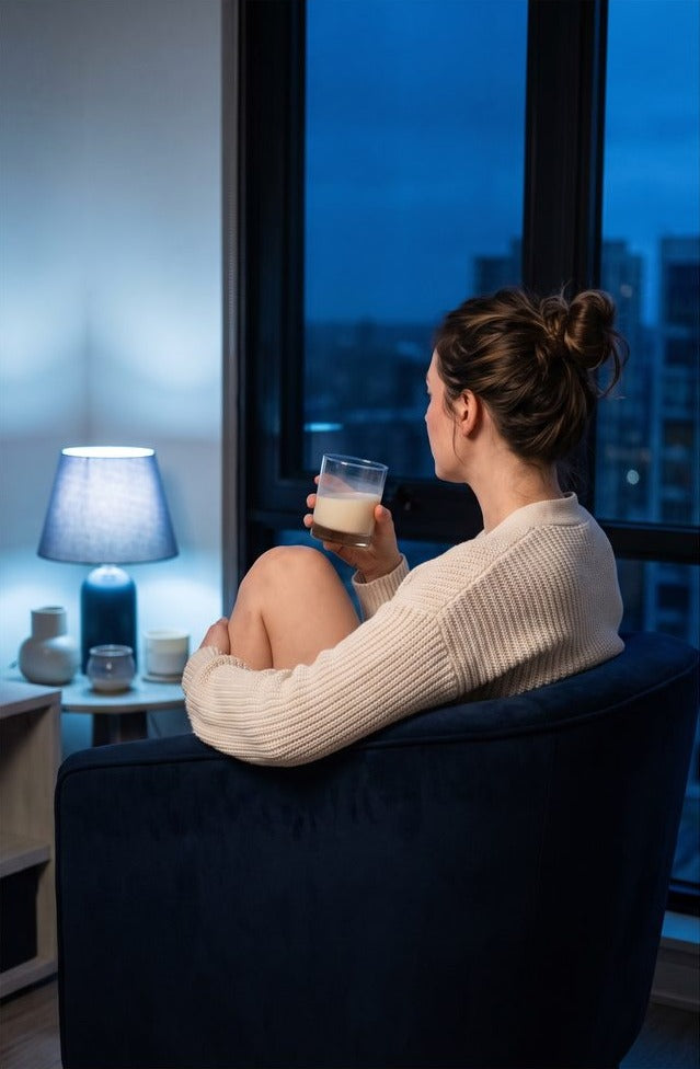 A woman in an armchair by a night window, holding a glass of SILT Nights