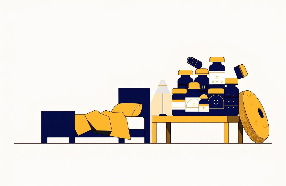 Illustration of supplement bottles piled on a bedside table next to a bed, with one oversized tablet leaning against it