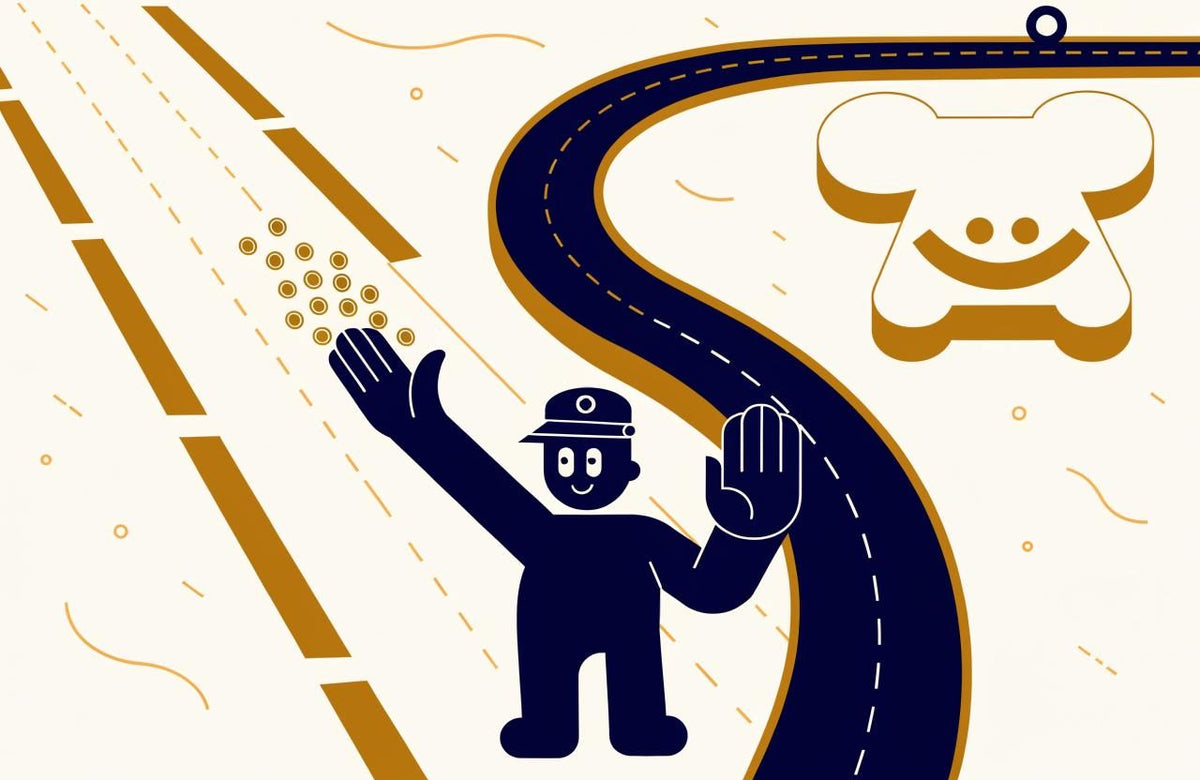 Illustration of a traffic officer waving gold dots down one lane while holding up a hand to a winding road