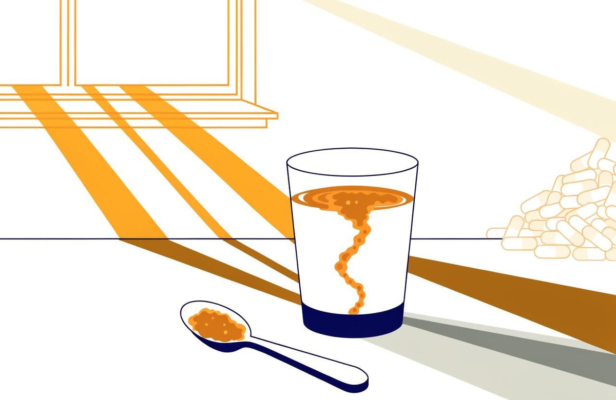 Illustration of orange powder swirling into a glass of water, with a loaded spoon in front and capsules piled behind