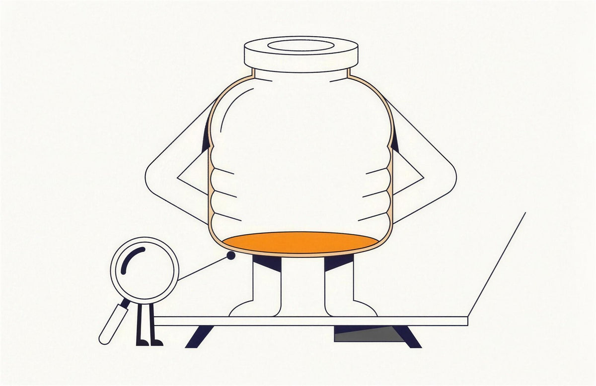 Cartoon supplement tub with arms on hips, nearly empty except a thin orange layer, inspected by a magnifying glass