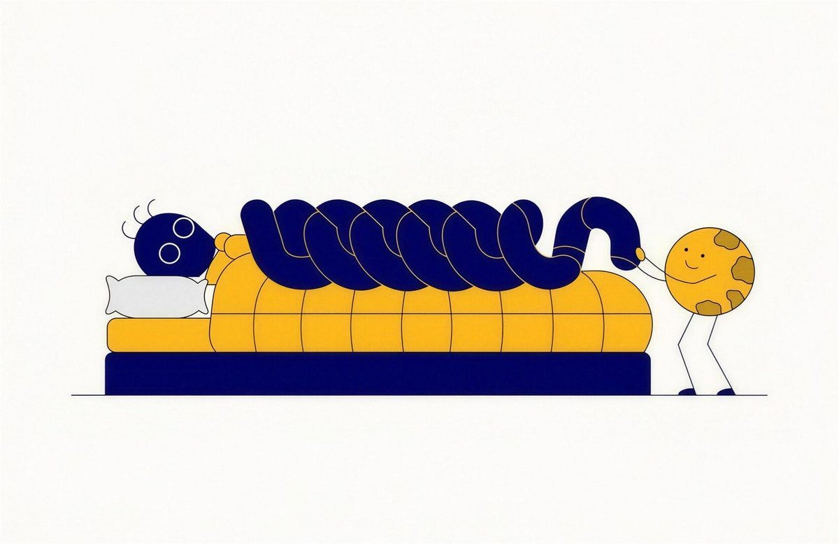 Cartoon of magnesium for sleep: a smiling golden ball pulls a navy coil off a person lying awake in bed