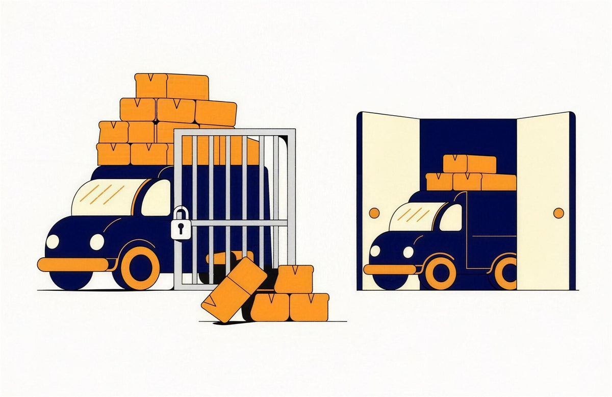 Overloaded truck stuck at a locked gate spilling orange boxes, while a lightly loaded truck rolls through open doors