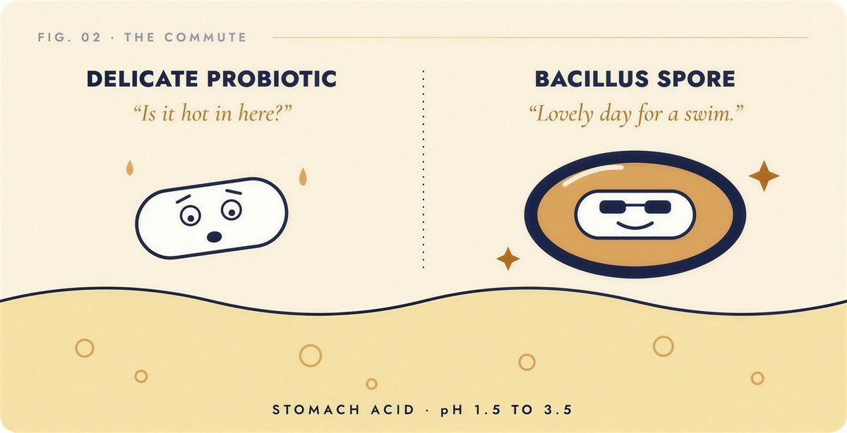 Cartoon of a worried, sweating probiotic cell beside a calm Bacillus spore in sunglasses, both above stomach acid