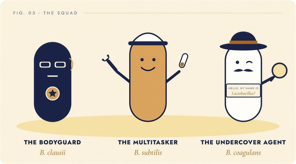 Three cartoon Bacillus probiotics labelled the bodyguard B. clausii, the multitasker B. subtilis and the undercover agent B. coagulans