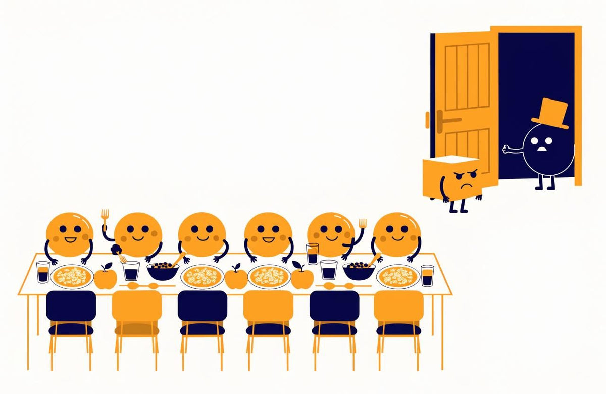 Smiling characters share grain bowls and apples at a long table as a grumpy sugar cube is turned away