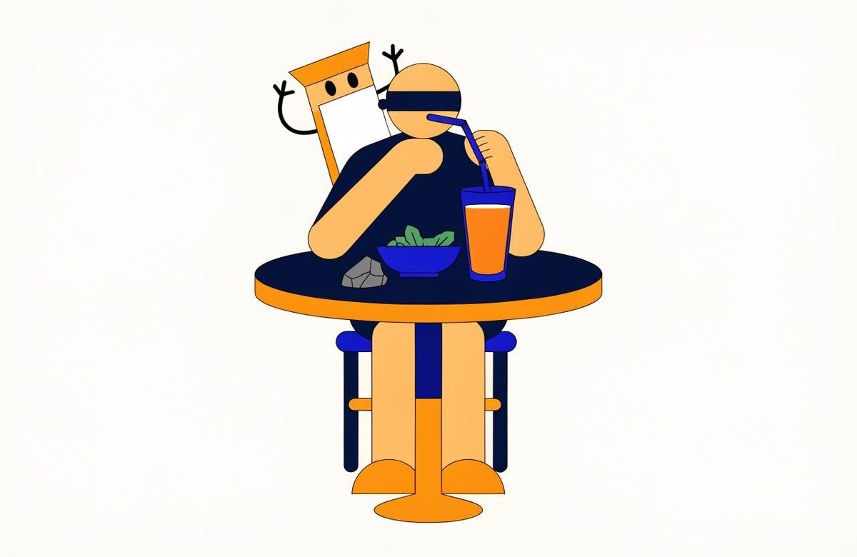 Illustration of a blindfolded person sipping an orange drink beside a bowl of greens, a supplement tub peeking behind