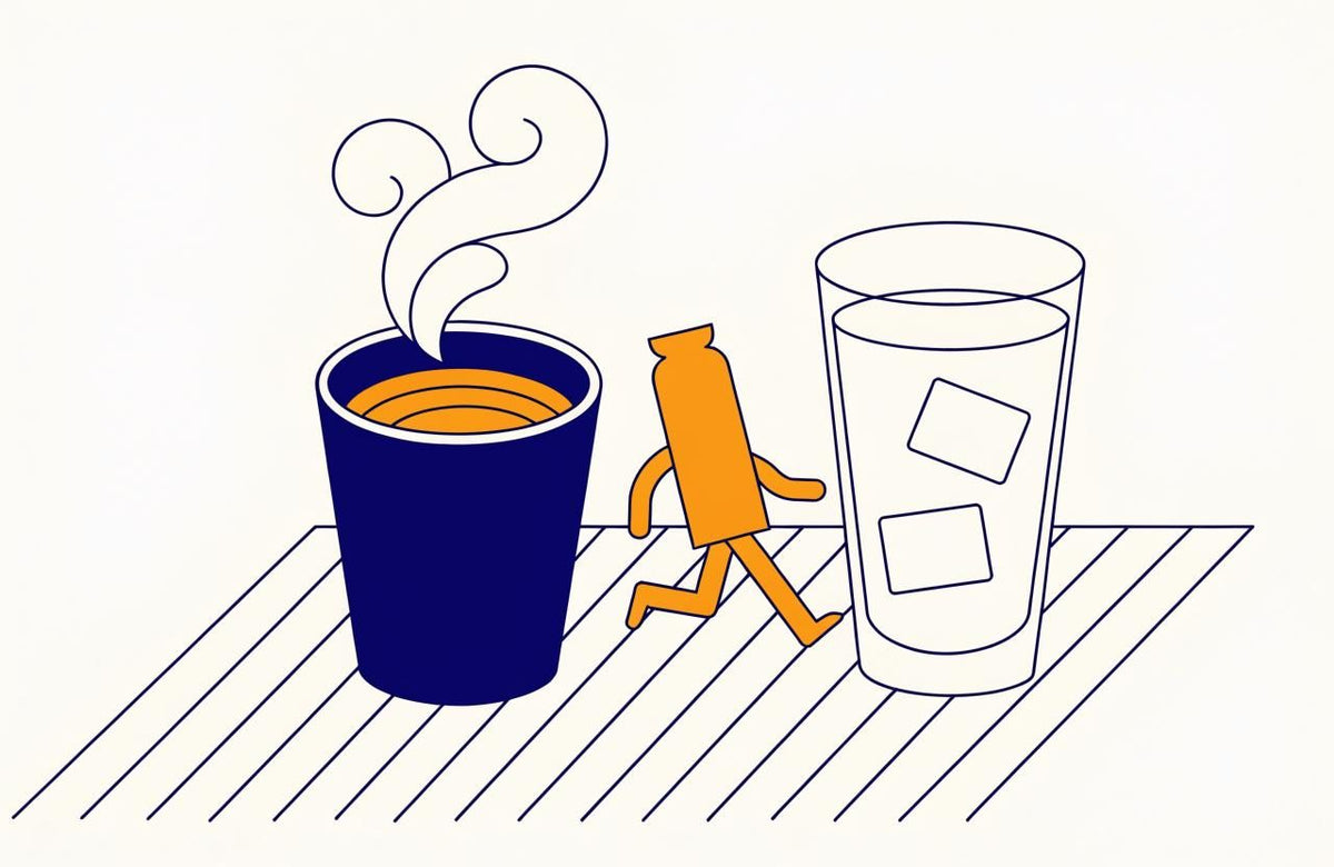 Illustration of an orange stick sachet walking away from a steaming mug towards a glass of iced water
