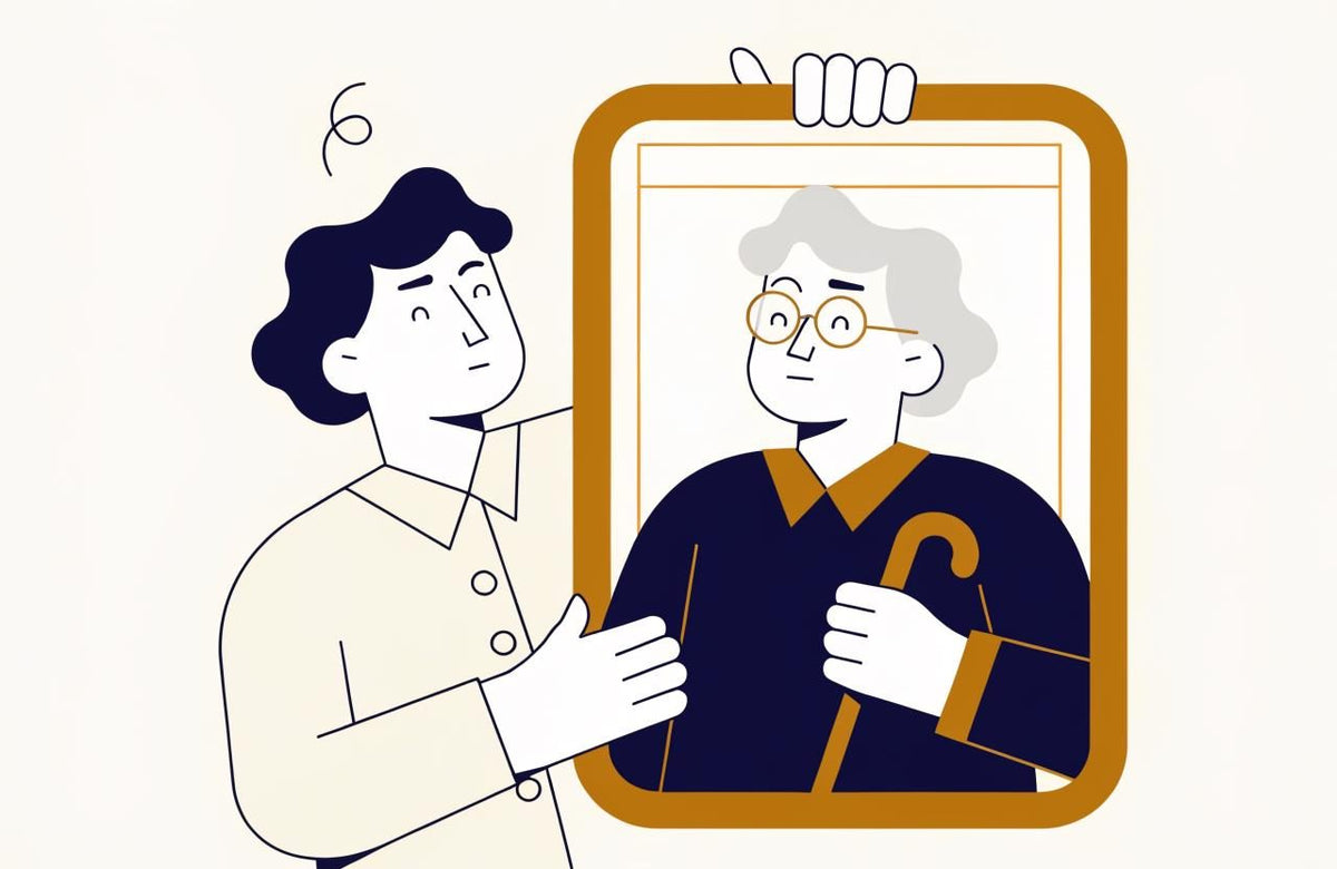 A young person holds a mirror reflecting an older, grey-haired self with glasses and a walking stick