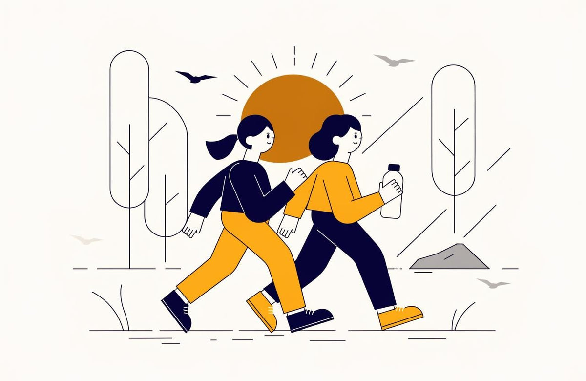 Two women walk briskly past line-drawn trees with a large sun behind them, one holding a water bottle