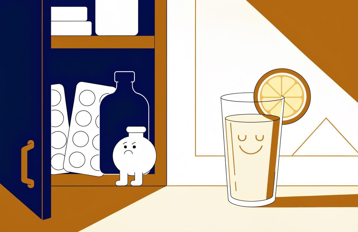 Illustration of a frowning pill bottle in a dark medicine cupboard and a smiling lemon drink on a sunny counter