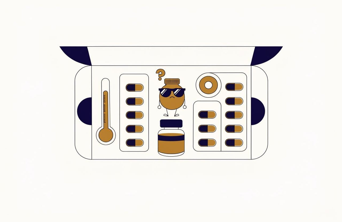 Illustration of an open box holding capsule strips, a thermometer, a jar and a puzzled bottle in sunglasses