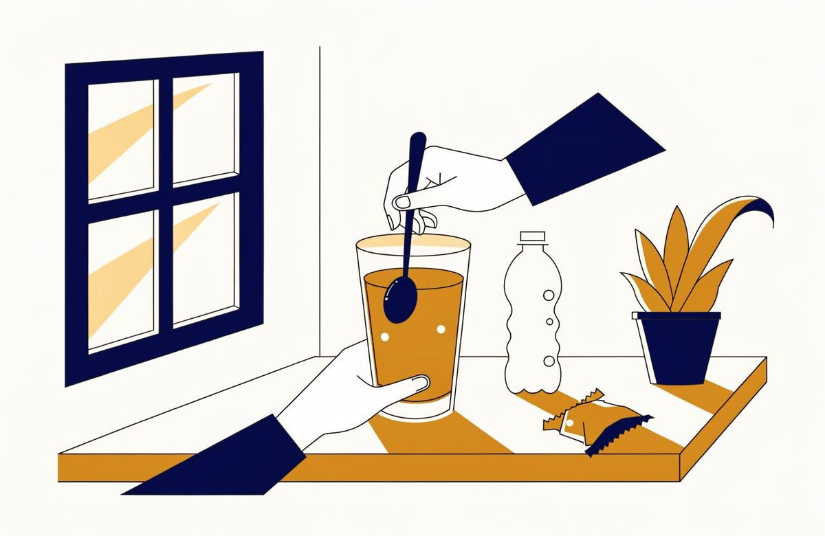 Illustration of a hand stirring an amber drink in a glass on a sunlit counter beside a water bottle and plant
